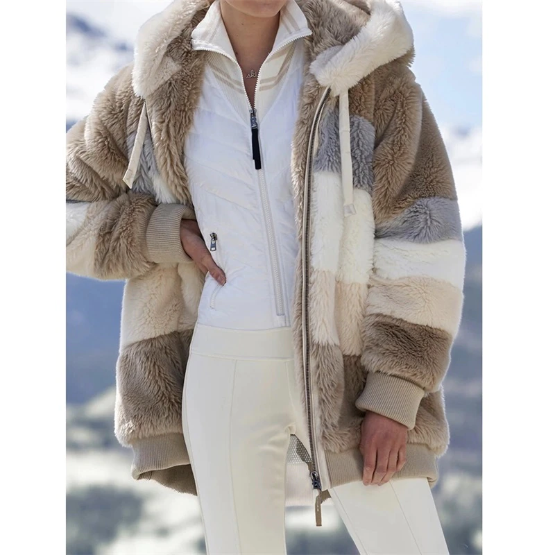 縮圖：Casual Stitching Plaid Clothes Hooded Zipper Lamb Hair Coat Korean