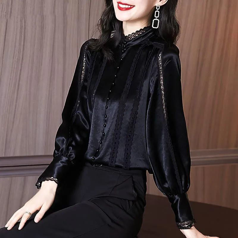 縮圖：Stand Collar Spring Autumn Vintage Elegant Lace Spliced Tops Puff Sleeve Shirt