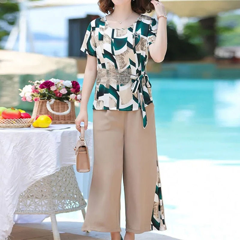 Miniature : Elegant Printing Sashes Pant Sets Vacation Short Sleeve O-Neck T-shirt and Pants