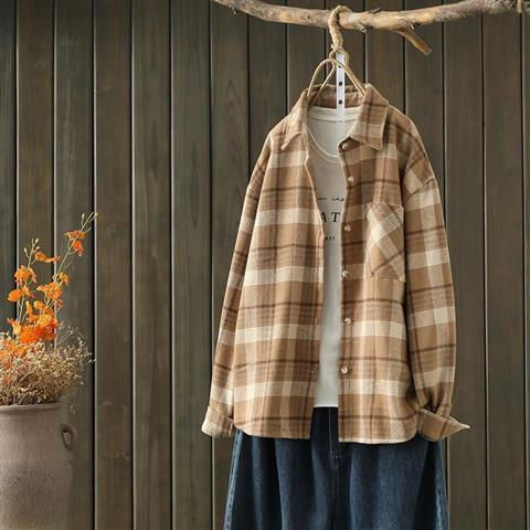 縮圖：Blouse Winter Loose Long Sleeve Plaid Shirt