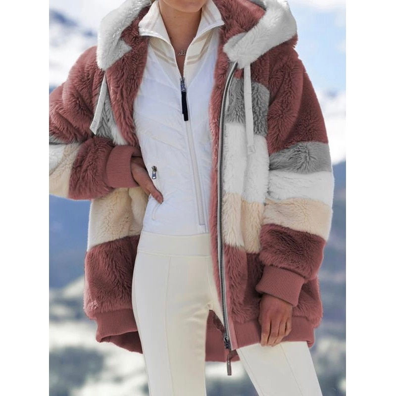 Thumbnail: Casual Stitching Plaid Clothes Hooded Zipper Lamb Hair Coat Korean