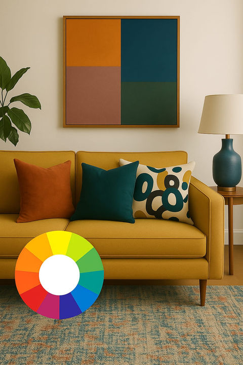 Yellow sofa with pillows, color palette, and framed artwork on white wall.