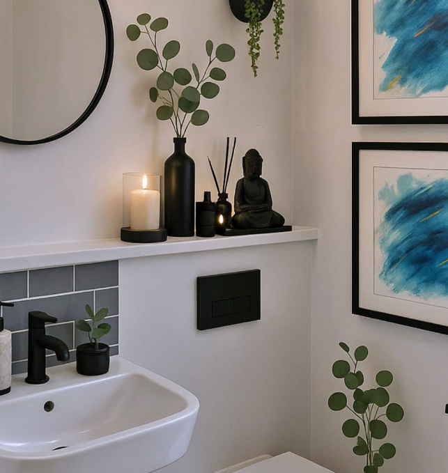 Modern bathroom featuring sink, toilet, mirror, artwork, and various decorations for a relaxing vibe.