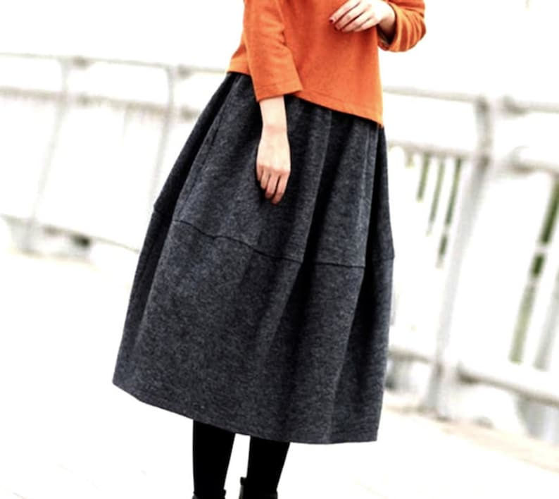 Thumbnail: Women's Boiled Wool Lantern Skirt – Warm Italian Virgin Wool Skirt with Stretch 
