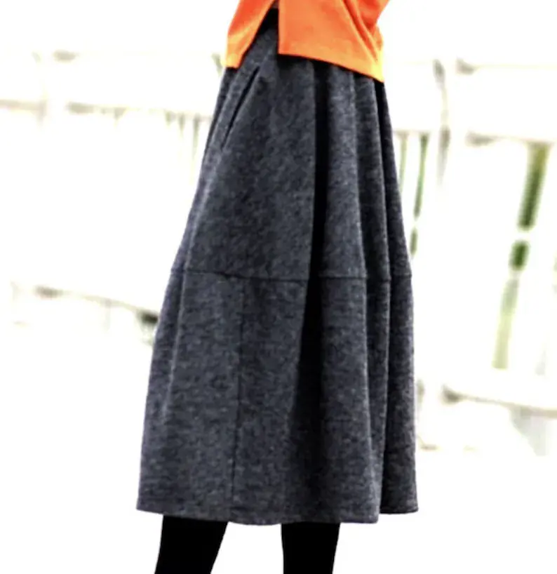 Thumbnail: Women's Boiled Wool Lantern Skirt – Warm Italian Virgin Wool Skirt with Stretch 