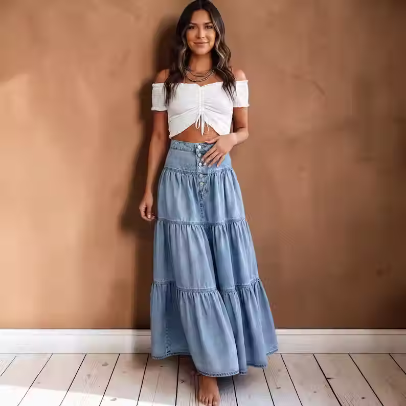 Thumbnail: Women's High-Waisted Tiered Denim Maxi Skirt – Casual Long Jean Skirt