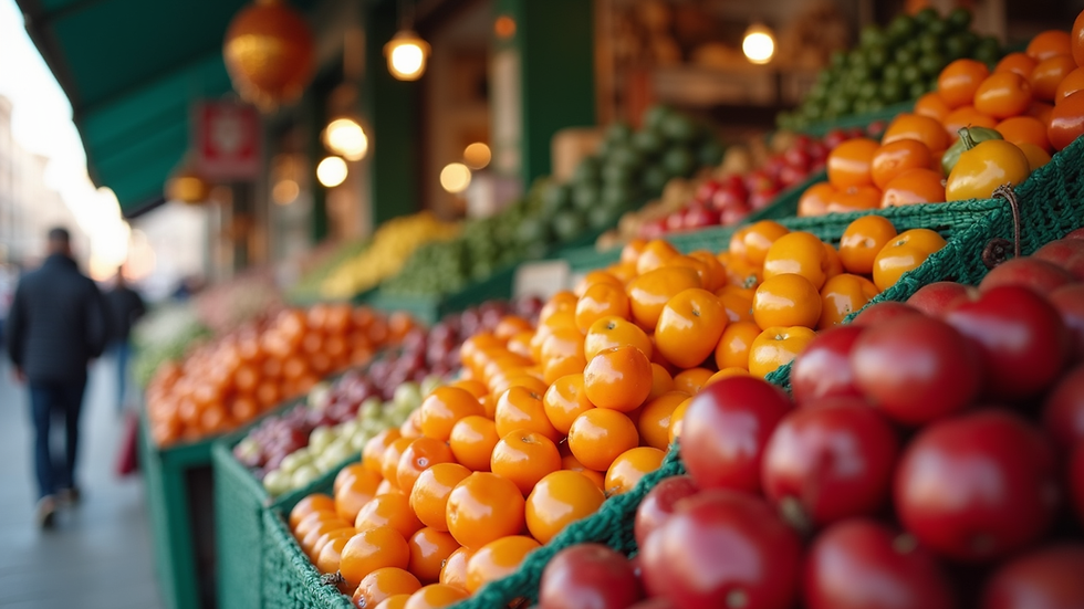 Eye-level view of a vibrant market stall filled with colorful fruits and vegetables