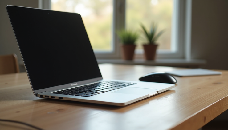 Eye-level view of a sleek laptop on a minimalist wooden desk with ergonomic accessories