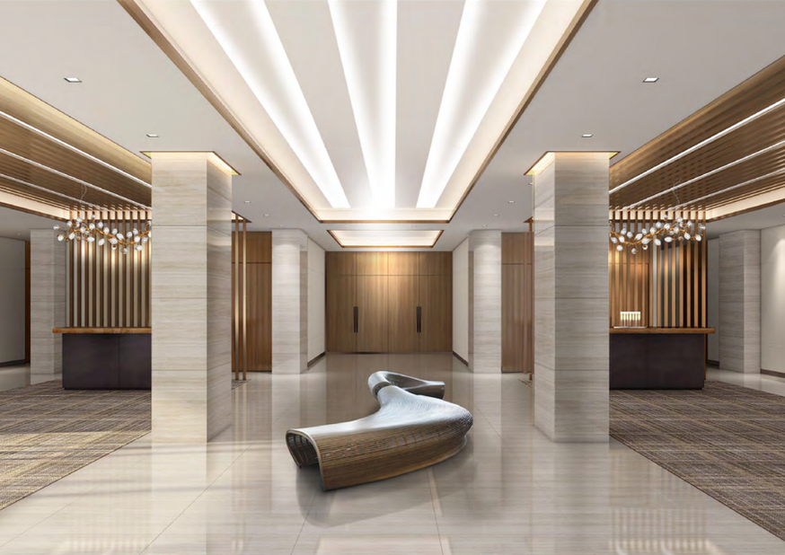 Lobby corridor with architectural lighting at Northern Residences NYC