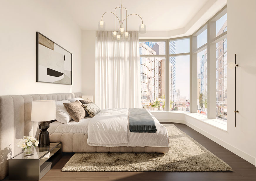 Corner bedroom with large bay window and modern finishes at Athena LIC