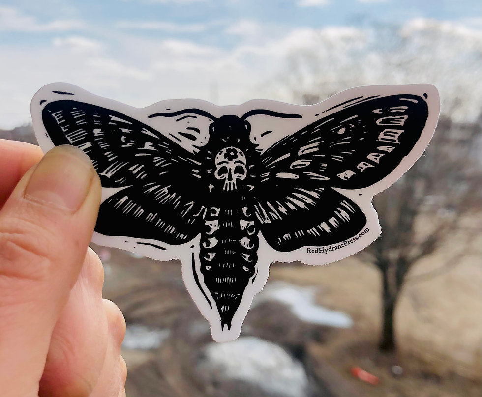 Thumbnail: Sticker of a death's head moth with a sugar skull black and white on sky background
