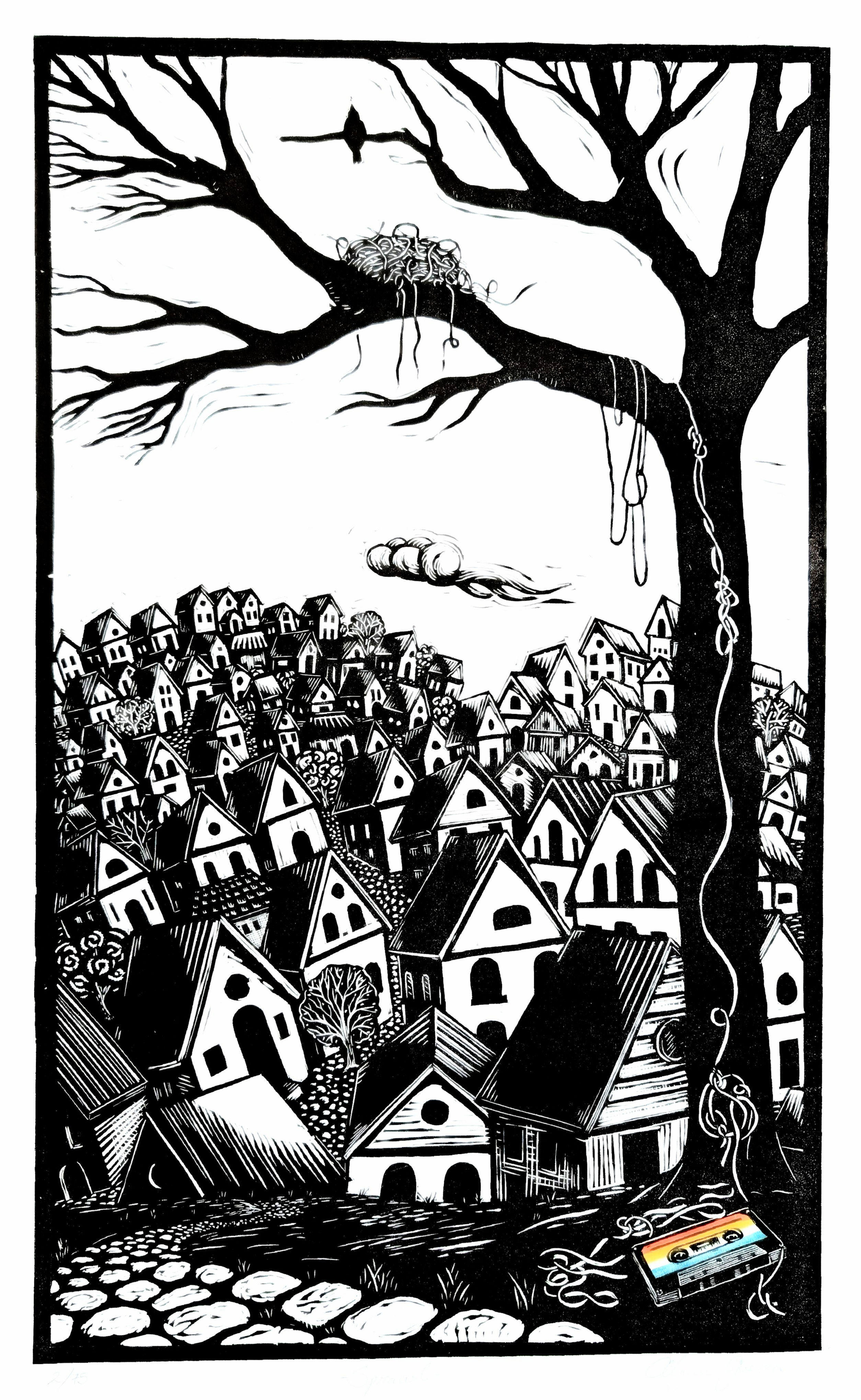 Hilly town with tree on the foreground and nest made of cassette tape