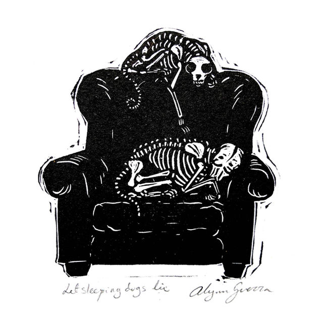 black and white image of a Cat skeleton poking at dog skeleton linocut