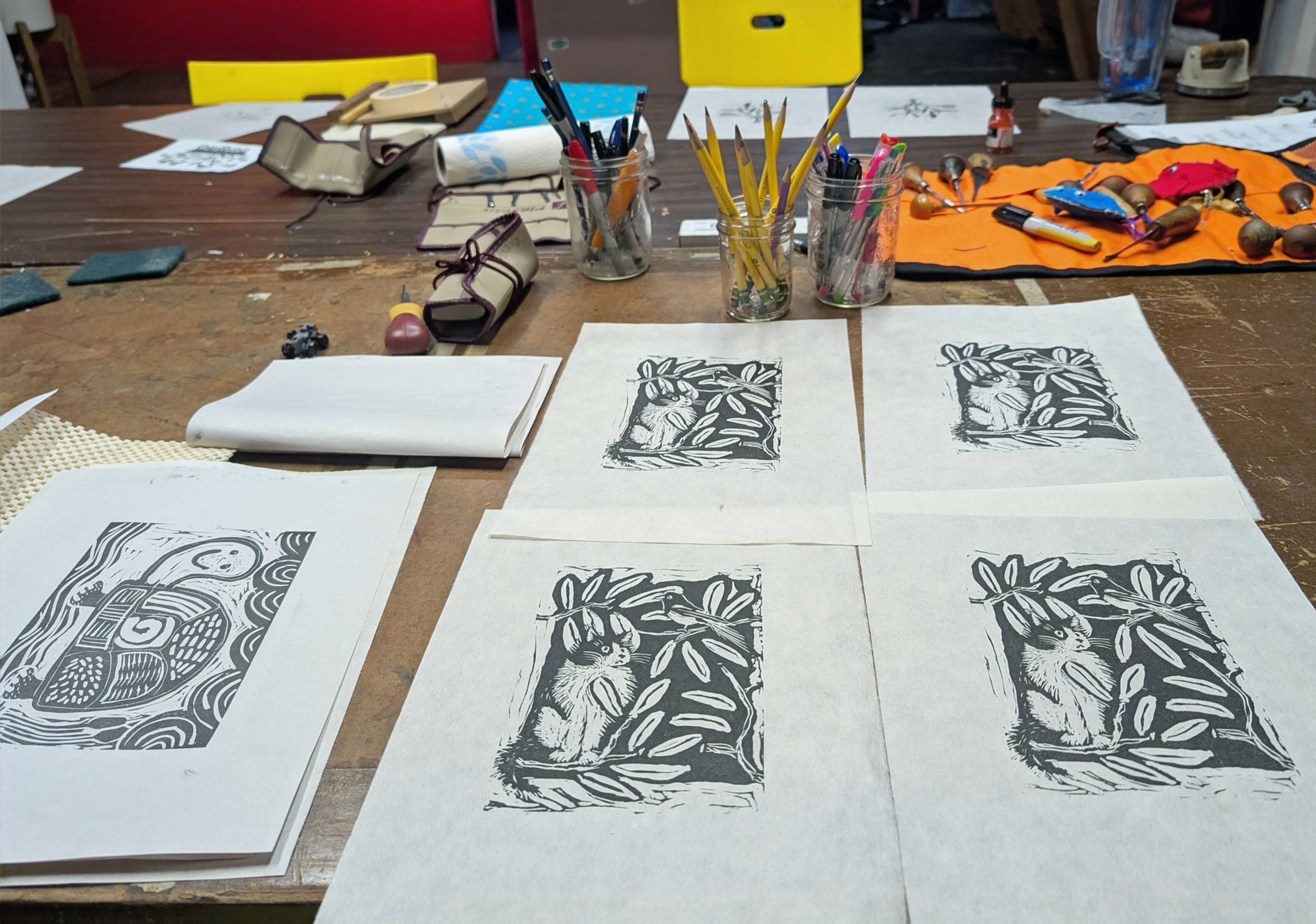 Table with printmaking tools.