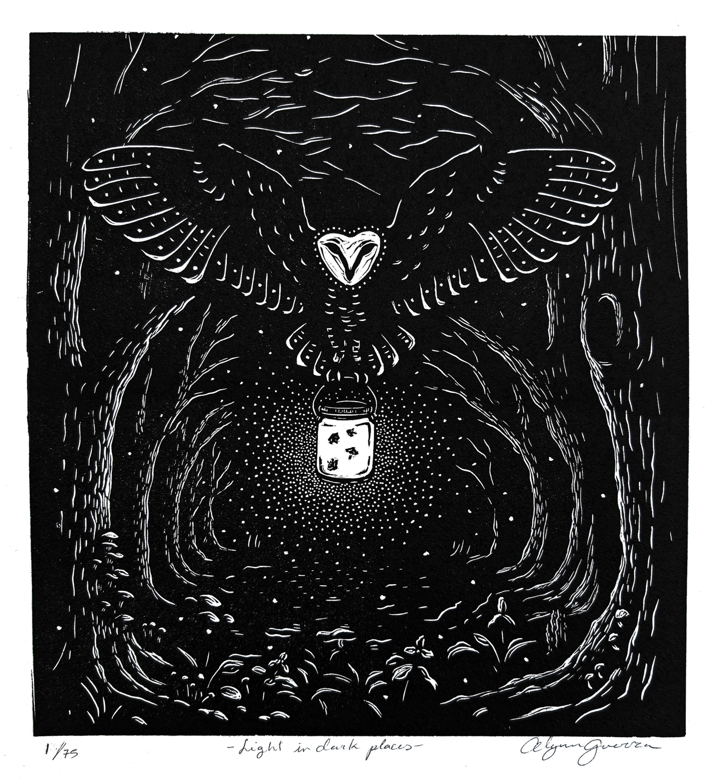 Black and white image of an owl carrying a firefly lantern into the forest