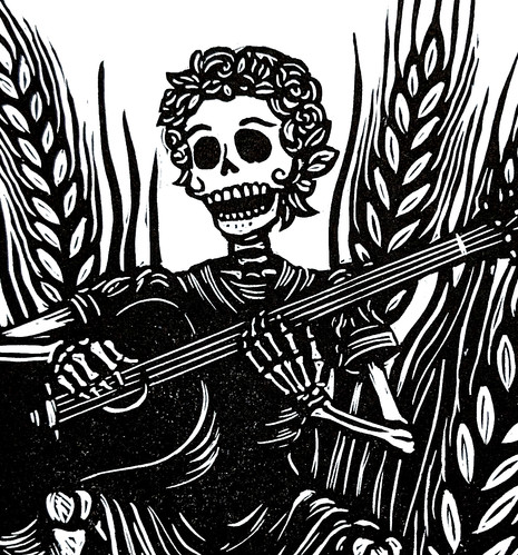 Singing skeleton linocut print | Red Hydrant Press