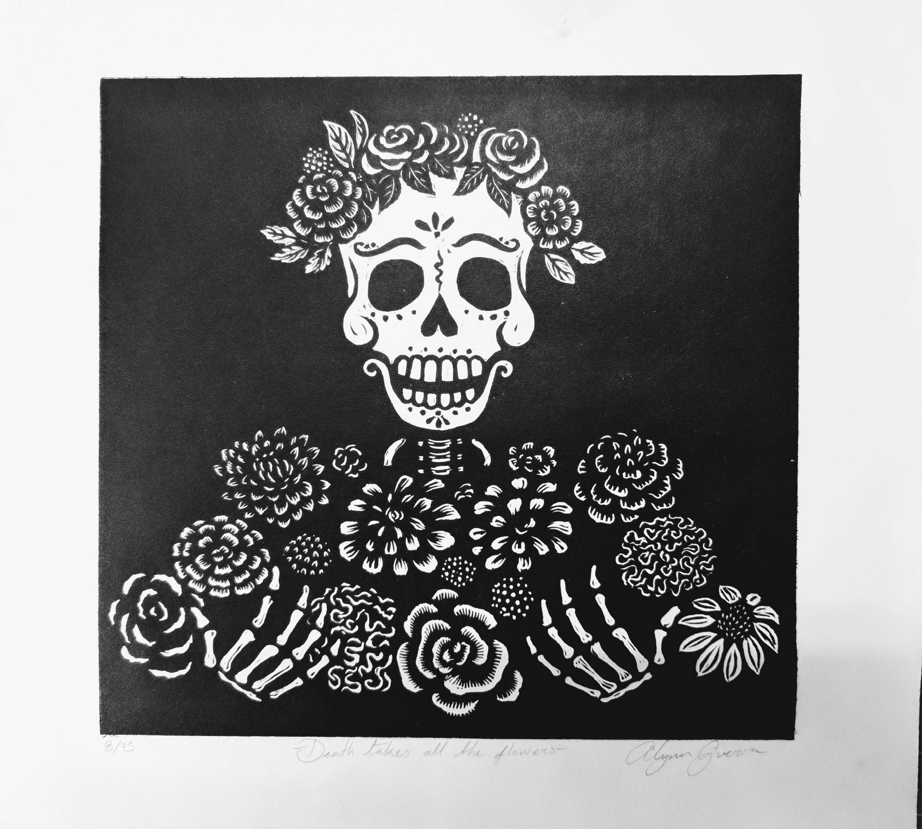 Flower Calavera linocut