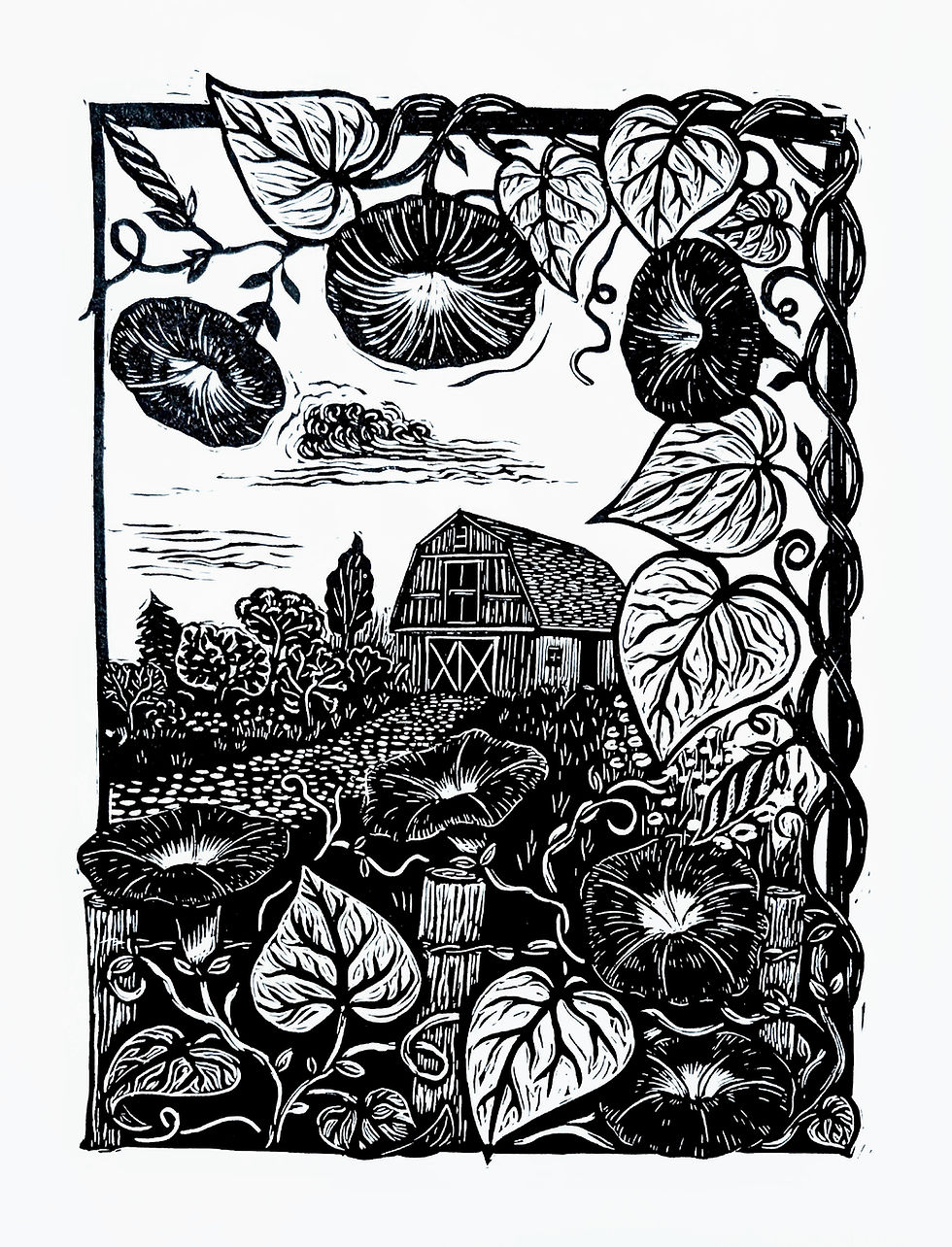 Black and white linocut depicting morning glories and a farm in the background