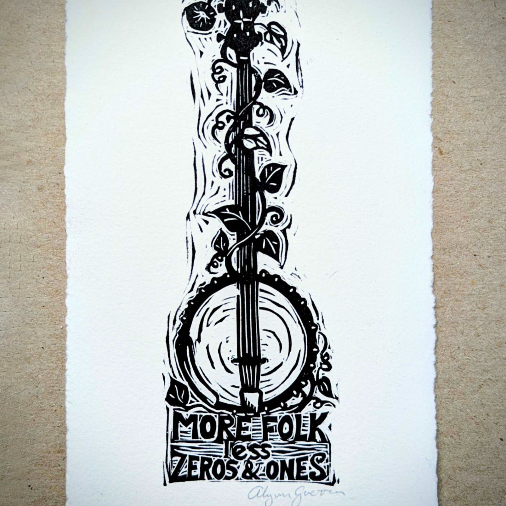Banjo linocut print in black and white bold lines.