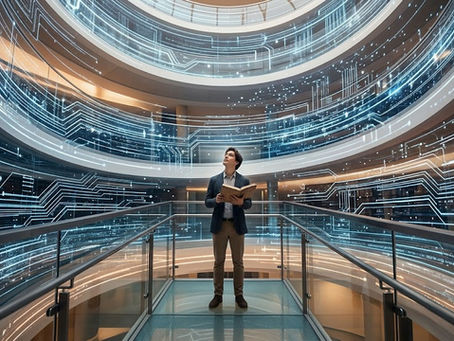 A massive, modern, architectural archive or library. Instead of traditional bookshelves, the walls are composed of intricate, glowing paths of light and data. Standing in the center is a single human figure, looking up, holding an open notebook.