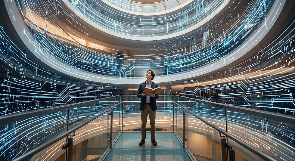 A massive, modern, architectural archive or library. Instead of traditional bookshelves, the walls are composed of intricate, glowing paths of light and data. Standing in the center is a single human figure, looking up, holding an open notebook.