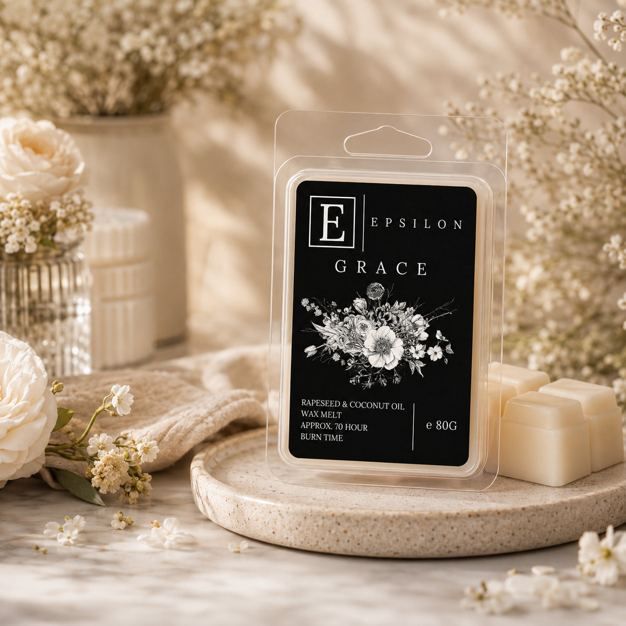 Epsilon Home Grace wax melt in luxury floral setting with soft ivory flowers and warm neutral styling