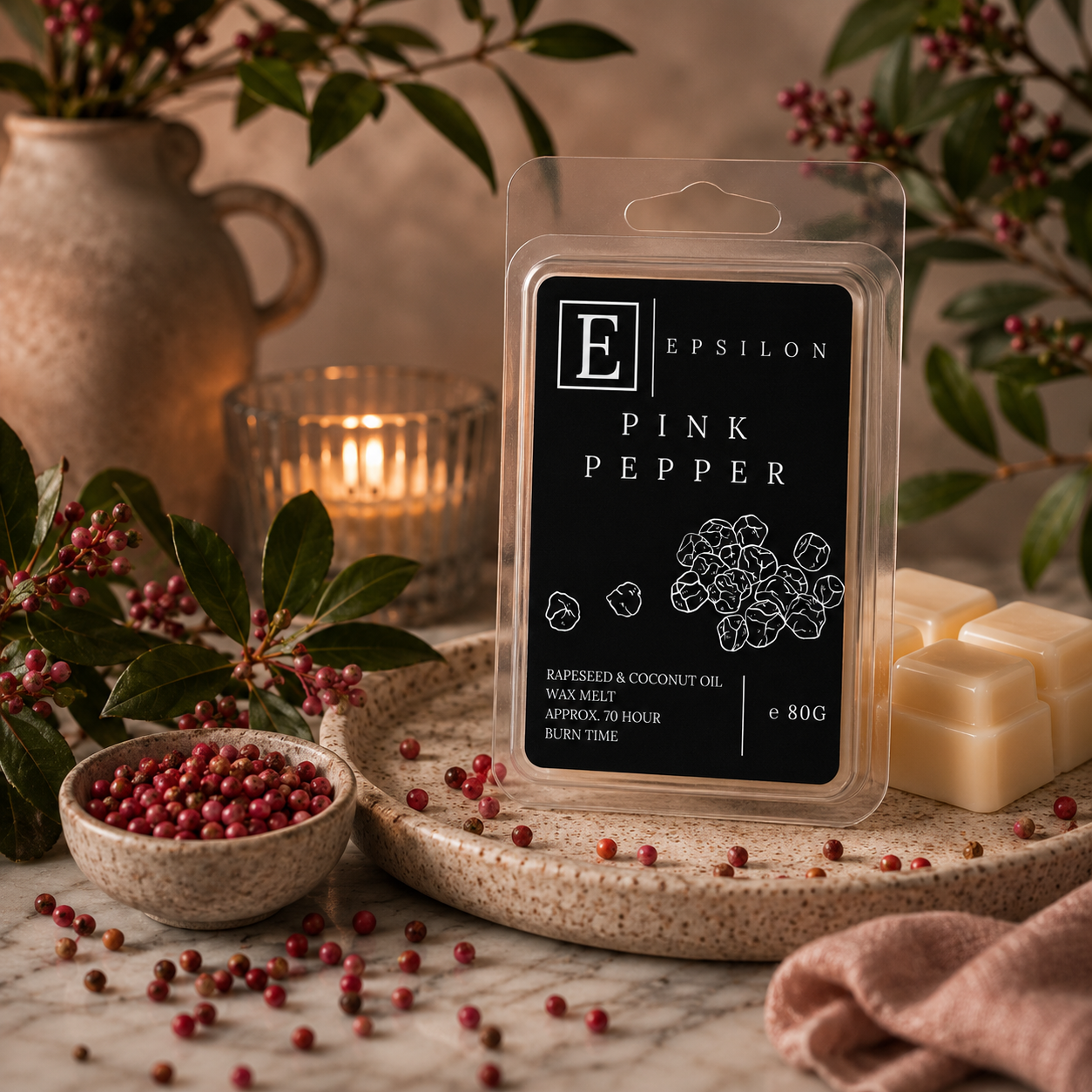 Epsilon Home Pink Pepper wax melt in a warm luxury setting with pink peppercorns, green foliage and soft candlelight
