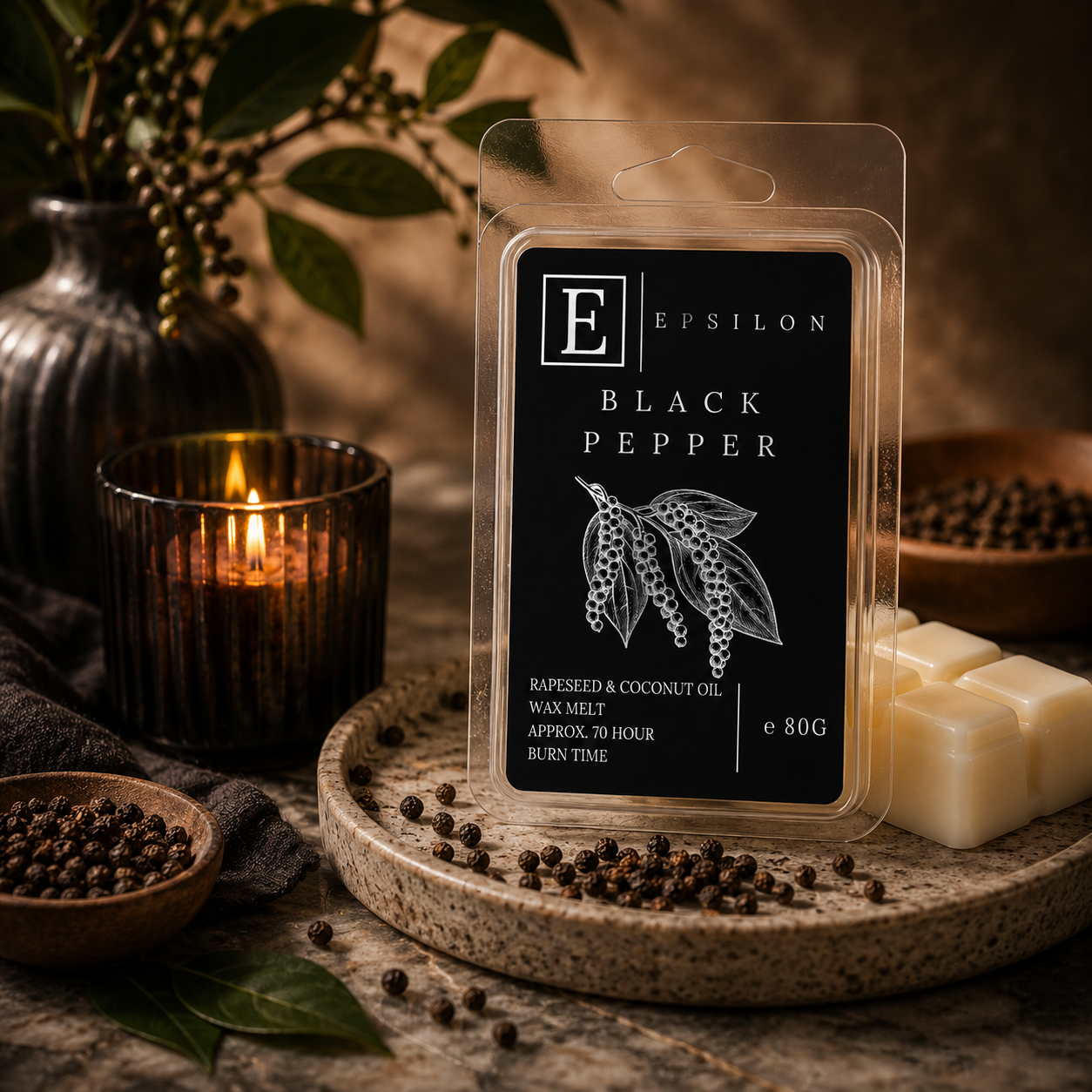 Epsilon Home Black Pepper wax melt in a warm luxury setting with black peppercorns, rich green foliage and soft candlelight