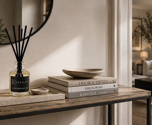 Epsilon Home reed diffuser with fibre reeds in a living room