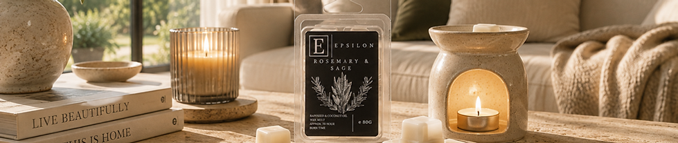 Epsilon Home Rosemary & Sage wax melts displayed with a lit ceramic wax burner in a warm, elegant home interior with natural