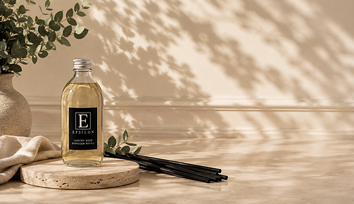 Epsilon Home luxury reed diffuser refill bottle with black reeds, styled with natural greenery in a bright neutral home inter