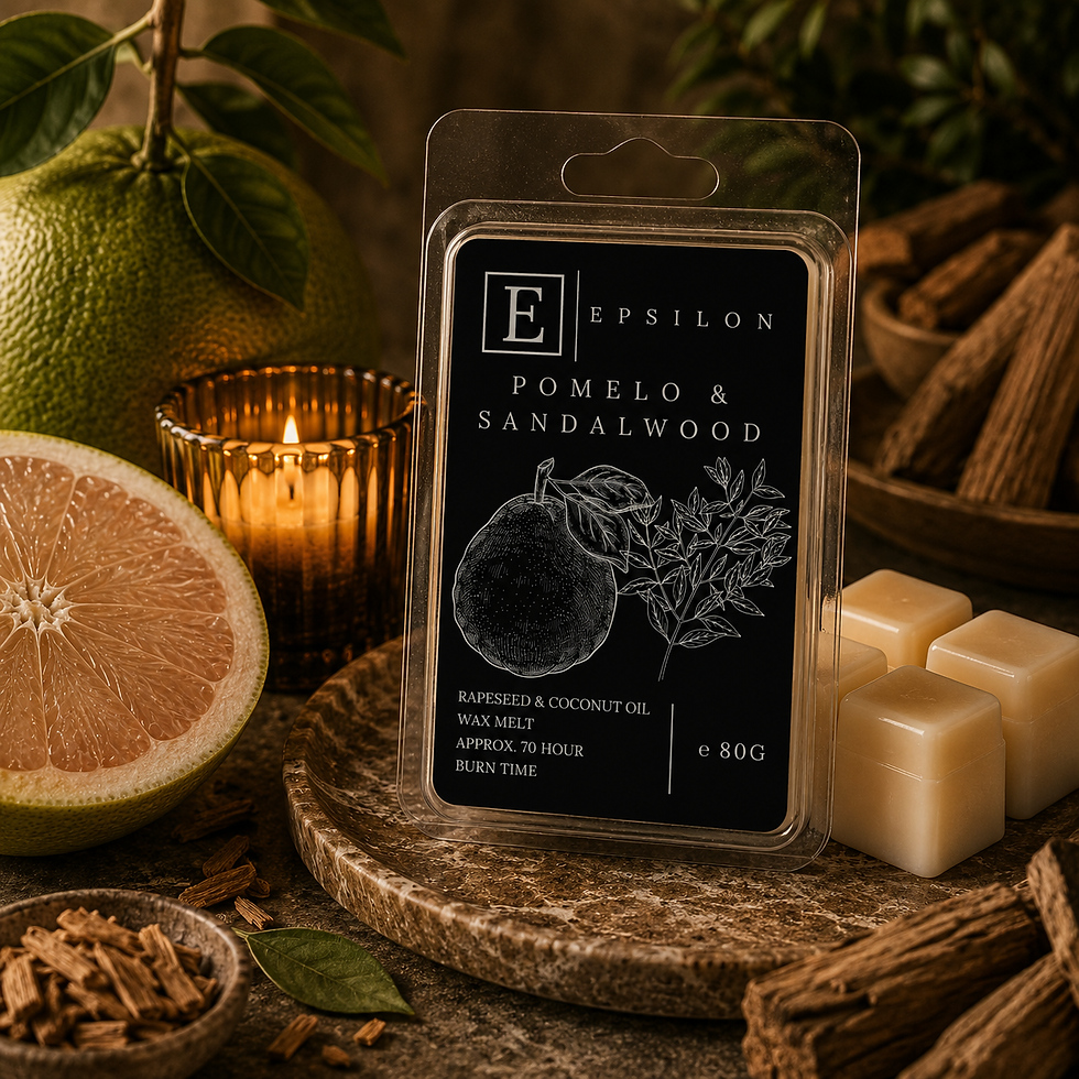 Epsilon Home Pomelo & Sandalwood wax melt in a warm luxury setting with fresh pomelo, sandalwood, natural greenery and soft c