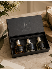 Luxury Epsilon Home fragrance gift set containing three 50ml reed diffusers with coordinating black reeds
