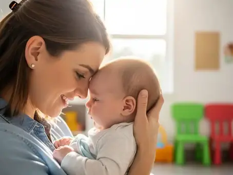A caring mother gently holding her baby before leaving for infant care in a warm and emotional moment