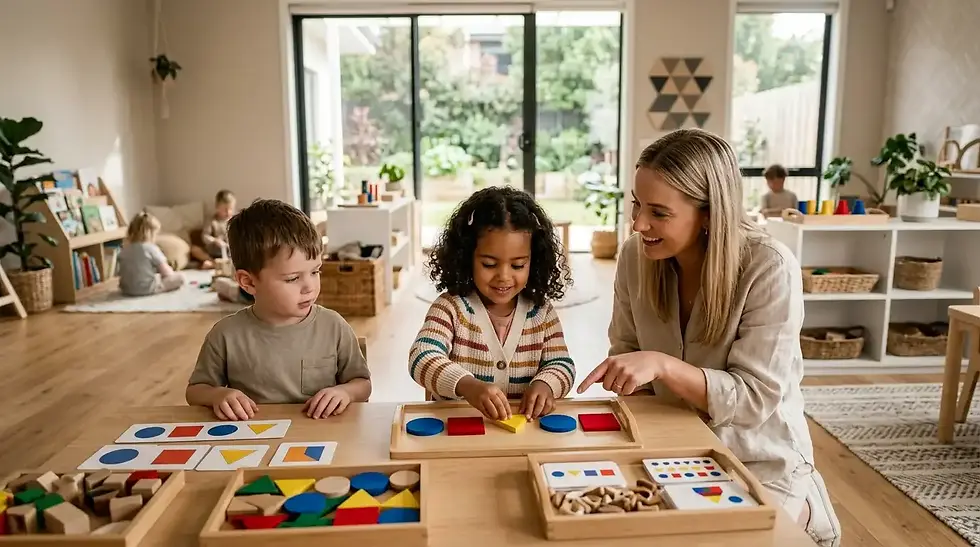 Preschooler using colourful paper shapes to predict patterns and build early math skills