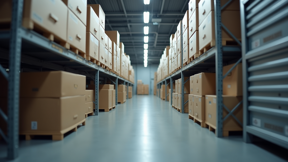 Eye-level view of a clean and secure storage facility with multiple storage boxes