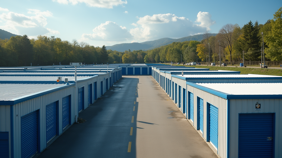 High angle view of a modern self storage facility with multiple units