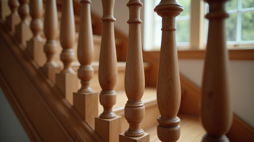 Eye-level view of custom wooden staircase with detailed balusters