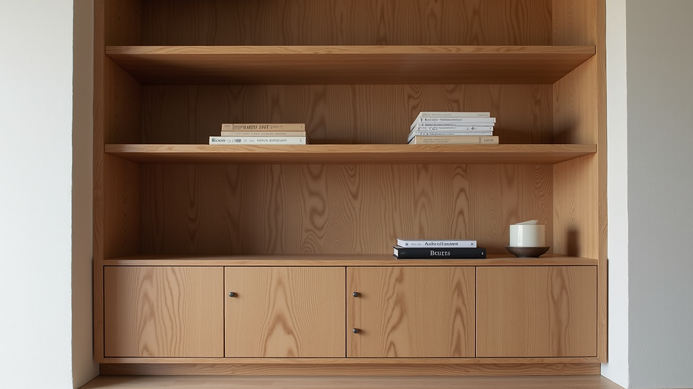 Eye-level view of a custom wooden bookshelf fitting perfectly between two walls