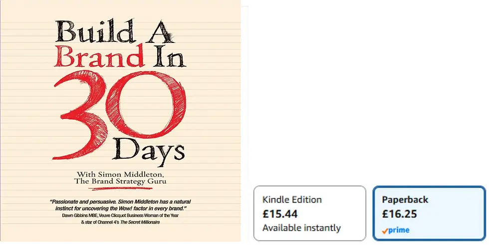 Book cover for Build A Brand In 30 Days by Simon Middleton, with Kindle and paperback price boxes on Amazon.