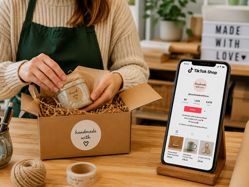 Person in apron packs a handmade gift box while a phone shows a TikTok Shop page in a cozy craft studio.