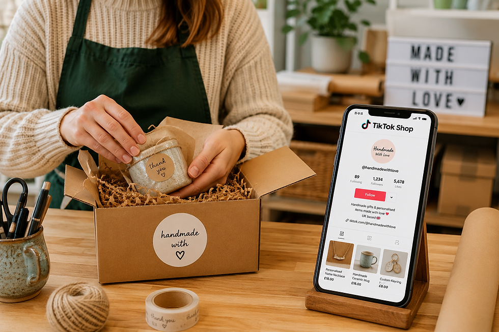 Person in apron packs a handmade gift box while a phone shows a TikTok Shop page in a cozy craft studio.