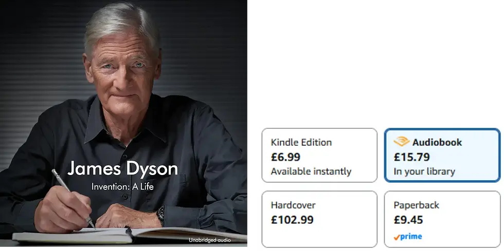 James Dyson writes at a desk on his memoir cover beside Amazon format prices for Kindle, audiobook, hardcover and paperback.