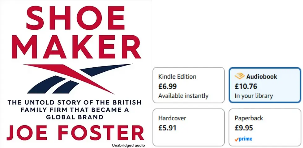 Shoe Maker book cover by Joe Foster with Reebok-style logo, plus Amazon Kindle, audiobook, hardcover and paperback price boxes.