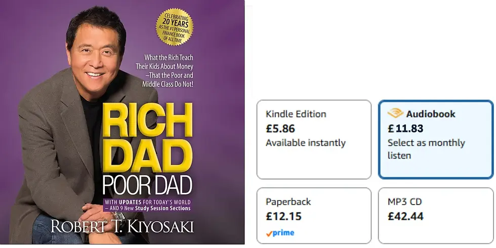 Book cover of Rich Dad Poor Dad by Robert T. Kiyosaki beside Amazon prices for Kindle, audiobook, paperback, and MP3 CD.