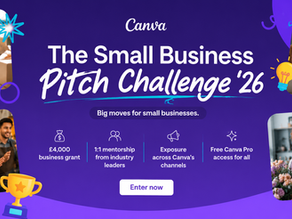 An infographic in purple with photos depicting people in various business engagements, the photo has text advertising canva's business pitch challenge 2026