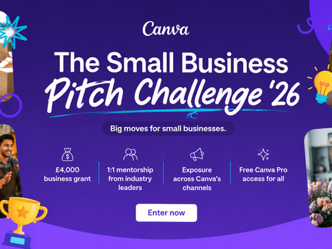 An infographic in purple with photos depicting people in various business engagements, the photo has text advertising canva's business pitch challenge 2026