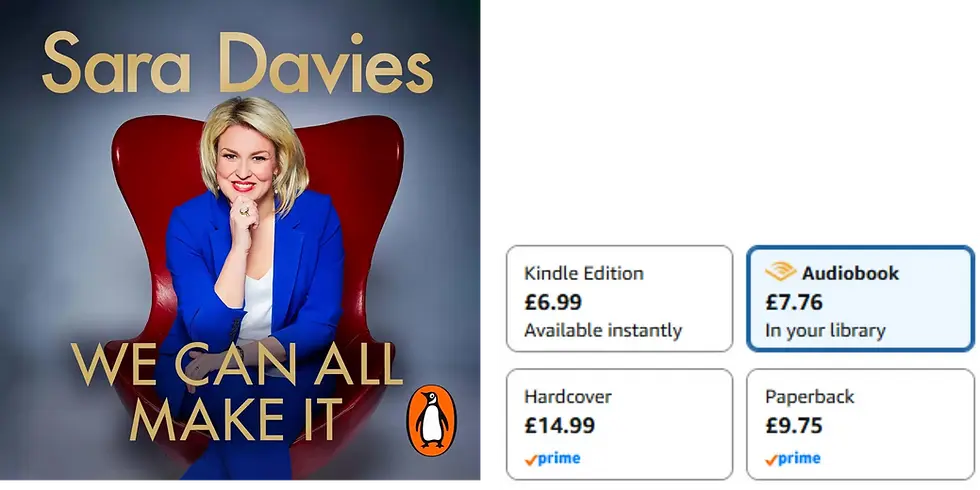Sara Davies book cover We Can All Make It, author in blue on red chair; Amazon price boxes show Kindle, audiobook, hardcover, paperback.