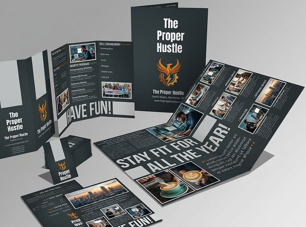 Folded promotional brochure set for The Proper Hustle, dark gray with orange logo, photos, and bold text STAY FIT FOR ALL THE YEAR!