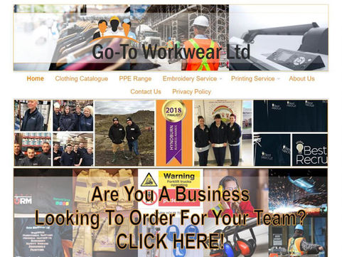 Collage of professional team uniforms, high-vis safety gear, and industrial workwear embroidered logos for GoTo Workwear Ltd.